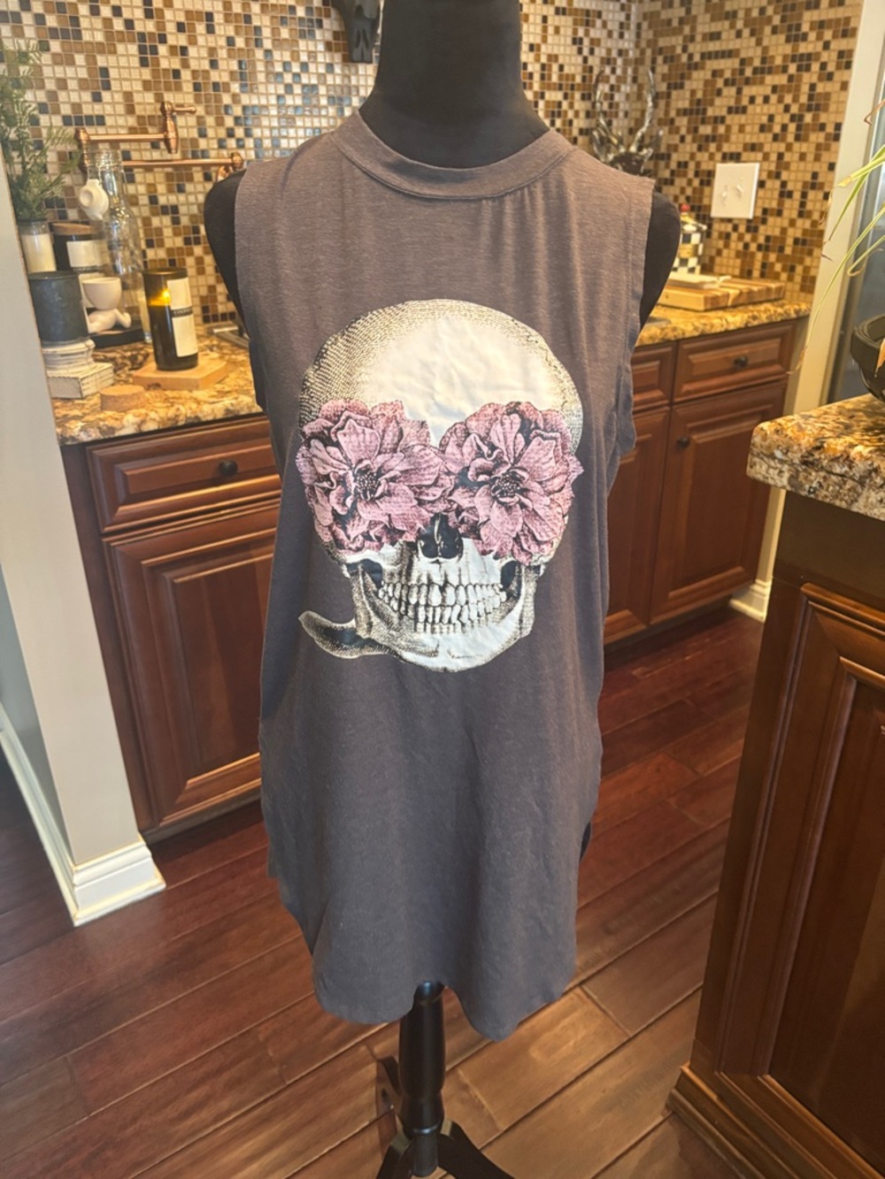 Buddy Basics Charcoal Gray Skull Tank with Pink Floral Eyes